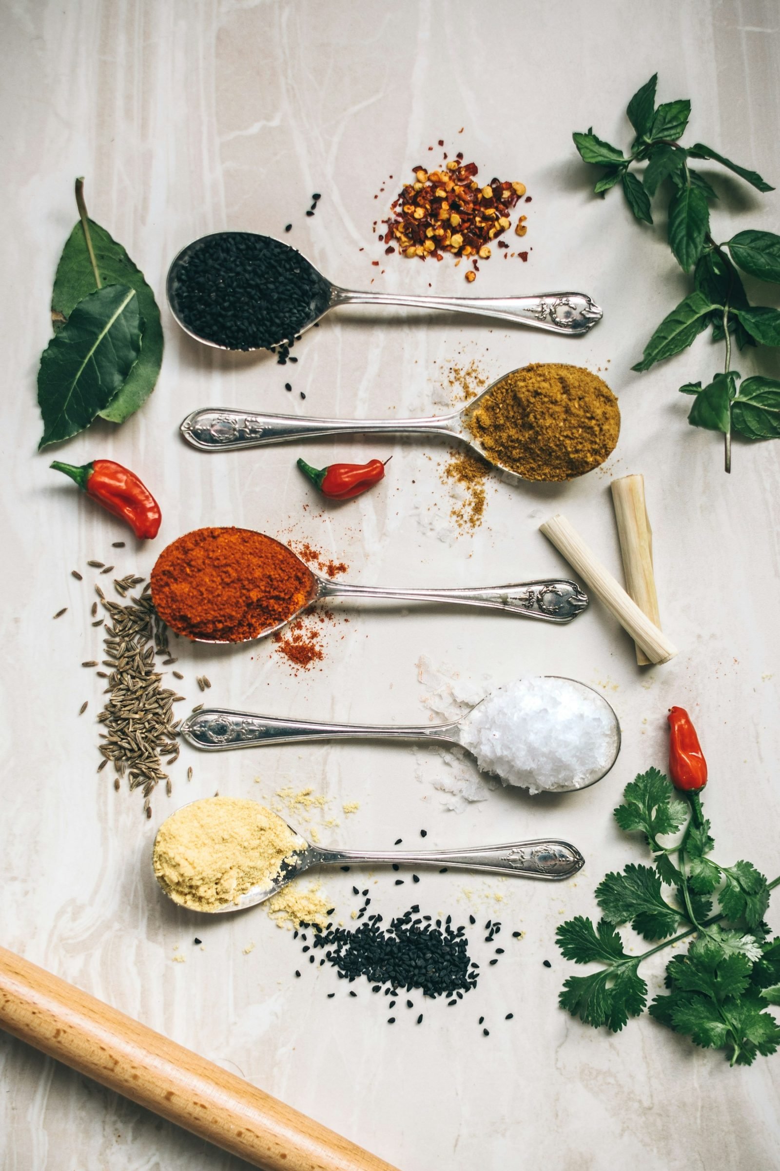 Five spoons filled with colourful spice powders beside chillies